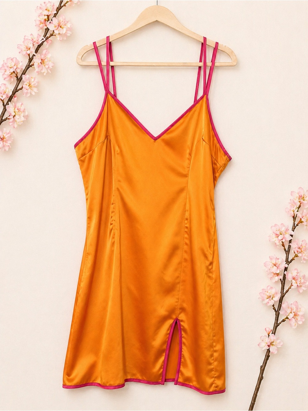 Superdown Satin Slip Dress Orange Pink Trim Strappy Mini Size L